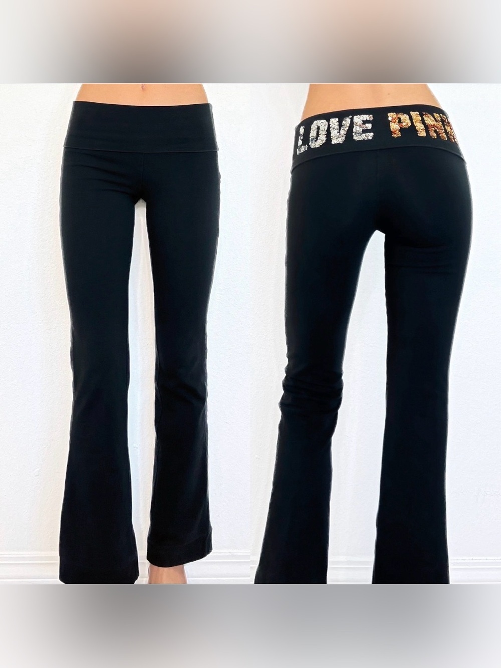 PINK VS Black Flare Yoga Pants Y2K Sequin 'LOVE PINK' Waistband M